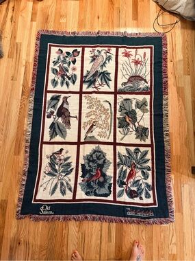Vintage Bird Tapestry Throw Blanket in Navy, Cream & Red
